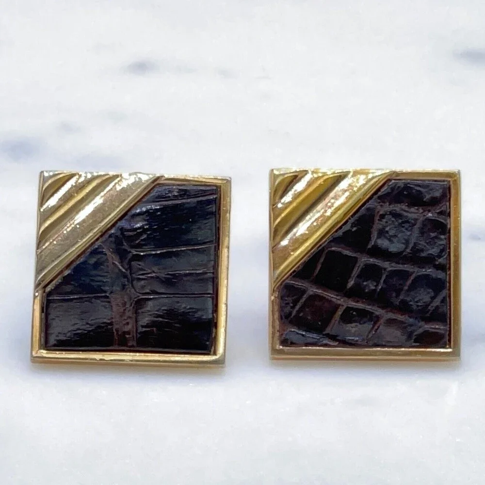 SWANK Vintage Gold Tone Brown Animal/Leather Detail Square Bullet Back Cufflinks